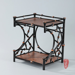 Bamboo Lacquered Tea Shed With Woven Top And Bottom Shelf For Tea Set Storage Desktop Display Rack - Product Image 1