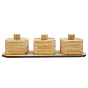 Wooden <b>Spice</b> Jar Set With Lid Carved Design Modern Kitchen Storage Container Three Piece <b>Tray</b> Mounted - Product Image 1
