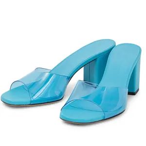 Blue Block Heels For Ladies Round Toe Women Clear Slip On Chunky High Heels Transparent Sandals