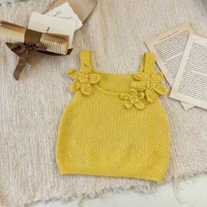 Baby Girl Knitted Camisole Mesh Tutu Two Piece Set Breathable Summer Outfit Yellow Floral Design - Product Image 4