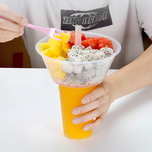 맞춤형 플라스틱 음료 간식 콤보컵 일회용 2 in 1 간식 과일 및 음료컵 뚜껑과 빨대 포함 - Product Image 1