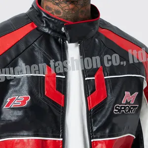 Yuchen Windproof Red Genuine Varsity Leather Motorcycle Jacket Custom Logo Patch Leather Nascar Racing Jacket For Men