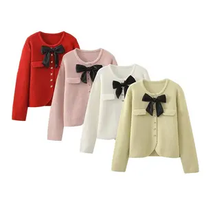 TAOP & ZA giapponese cardigan lavorato a maglia con fiocco da donna 2024 primavera e autunno nuova giacca maglione di piccola fragranza