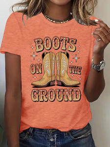 T-shirts décontractés à manches courtes pour femmes avec des imprimés de <span class=keywords><strong>bottes</strong></span> rétro de style occidental en gros pour l'été - Product Image 4