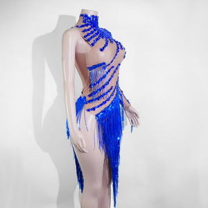 Combinaison sexy bleu royal à franges de paillettes, une manche asymétrique, pour danse de salon, pole dance, burlesque, <span class=keywords><strong>costume</strong></span> de drag queen professionnel - Product Image 5