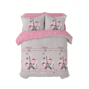Parure de lit réversible 10 pièces motif Tour Eiffel gris rose imprimé, taille King Size, collection Printemps Juliette Paris - Product Image 1