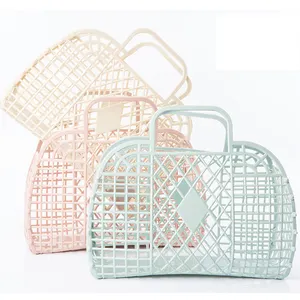 Personalizado Retro Vintage Plegable Plástico Pvc Jelly Basket Tote Bag Beach Bag Bolso Monedero Para Niñas Mujeres Party Favor Bags