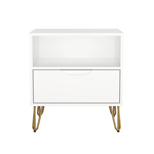 White Nightstand With <b>Drawer</b> And Open Shelf Gold Hairpin Legs - Product Image 1