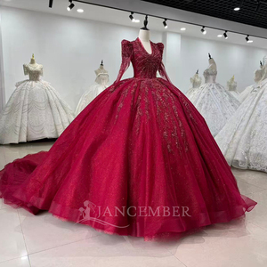 XS204 Luxury <b>Red</b> V-Neck <b>Sequined</b> Ball Gown Party Evening Gowns Dresses - Product Image 2