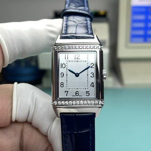 Reloj Elegante para Mujer de Alta Calidad en Oferta, con Caja de Acero Moissanite, Esfera Blanca, Correa de Cuero Azul Reversible de Doble Cara y Cristal de Zafiro - Product Image 1