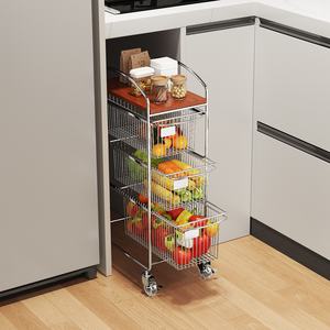 ชั้นวางของในครัวแบบรถเข็นขนาดเล็ก ตู้โลหะ 3 ลิ้นชักอเนกประสงค์ ชั้นวางของแบบแคบในตัว พร้อมตะกร้าเก็บผักและผลไม้แบบเคลื่อนย้ายได้ - Product Image 1