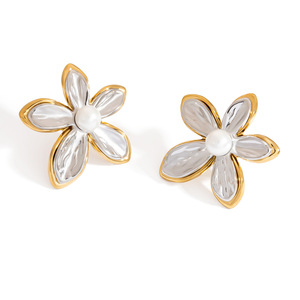 Pendientes de Flor con Incrustaciones de Perlas en Oro y Plata, Diseño Geométrico, para Uso Diario - Product Image 5