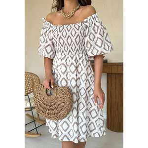 Vestido casual de verano de viscosa a cuadros con hombros descubiertos, cintura elástica, corte en A, manga con volantes, transpirable y tejido para ocio. - Product Image 1