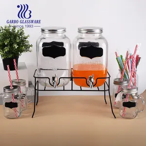 Party Wedding Use 4L Transparent Glass Juice Beverage Dispenser With Metal Or Plastic Tap And Mason Jar Cup Juice Mug With Straw