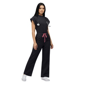 Tenue d'infirmière moderne personnalisée 42388 noire et rose avec logo, pour médecins, avec fermeture éclair, taille ajustable et jambe droite - Product Image 1