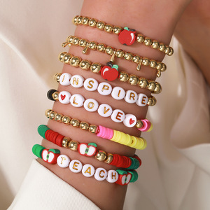 Ensemble de bracelets multicouches en pâte polymère, perles en forme de pomme, bijoux empilables, cadeau pour enseignant, unisexe - Product Image 1