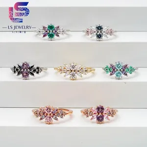 High Quality Colorful round Moissanite Cluster 10K 14K 18K Solid Gold Ring for Engagement and Gift