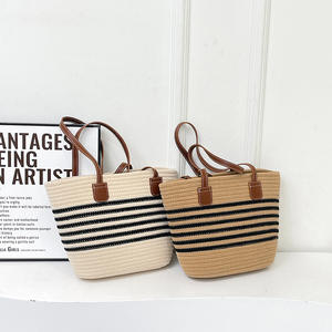 Sac fourre-tout décontracté pliable à grande capacité en coton tressé à rayures, durable et portable, avec bandoulière en corde - Product Image 3