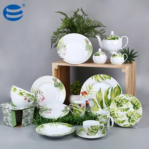 Wholesale Porcelain Dinnerware Sets Tropical Style Green Plant Design Ceramic Bowls Plates And Soup Pot Tableware Set