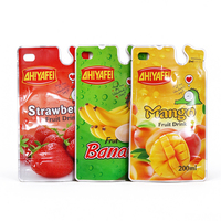 Pochette d'emballage alimentaire irrégulière pour jus de fruits, imprimée sur mesure, brillante, avec encoche de déchirement facile et trou de suspension, qualité alimentaire