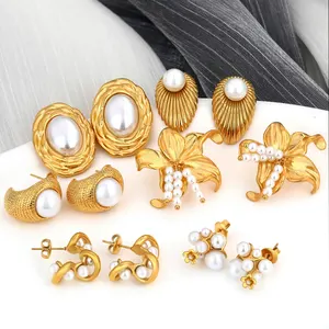 18K Gold Modeschmuck Edelstahl Perle Ohrring klobig Blume Blätter Draht Hoop-Ständer-Ohrringe für Damen