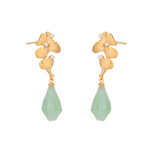 Three Lives With Apricots Ginkgo <b>Leaf</b> Drop Earrings <b>Light</b> Green Imitation Jade S925 Silver Needle Everyday Wear - Product Image 5