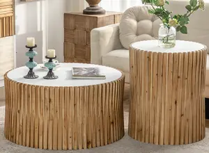 新しいデザイン天然木コーヒーテーブル白い木材トップ無垢材丸いコーヒーテーブル