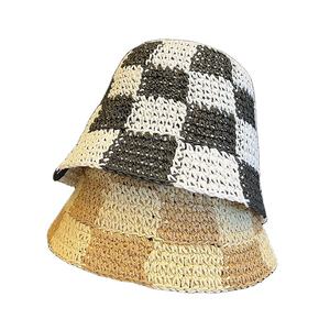 แฟชั่นผู้หญิงฤดูร้อนมือโครเชต์แพทช์ทํางานไล่ล่าลายสก๊อตพับกระดาษฟางหมวกถัง - Product Image 4