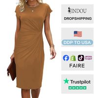 Robe crayon mi-longue moulante élégante à manches courtes pour femme, tendance été, style urbain, pour le bureau ou les affaires, noire, en Spandex/Polyester