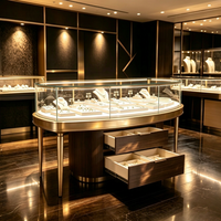 Table de présentation de bijoux ovale de luxe |   Base de colonne cannelée en aluminium bleu marine de haute qualité et durable |   Vitrine en verre
