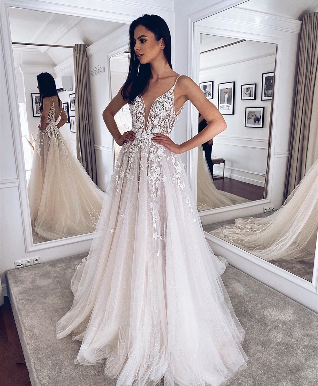 Fashion Ceremonial Dress Deep V Neck Skirt Halter Illusion Skirt Floor  Skirt Wedding Dress| Alibaba.com