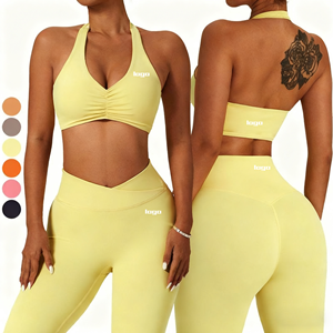 Tùy Chỉnh Phụ Nữ Activewear Nhanh Chóng Khô 4 Cách Căng Hai Mảnh Yoga Xà Cạp Set Halter Ruched Áo Ngực Thể Thao Cao Eo V Eo Quần - Product Image 1
