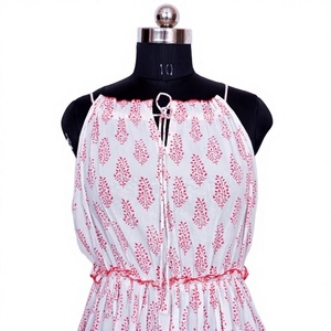 Vestido Midi Halter sin Mangas con Estampado Floral Blanco y Rojo para Mujer, Cintura Elástica, Casual, Verano, Corte en A, Holgado, Transpirable, de Algodón Tejido - Product Image 1