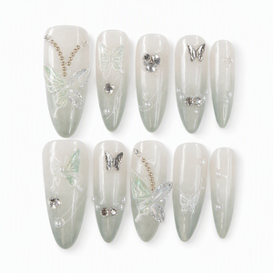 Faux ongles autocollants œil de chat vert, papillon, strass, perles, stiletto, couverture complète, 10 pièces pour doigts - Product Image 1