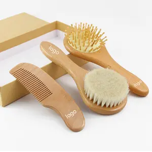 Hot Selling Soft Baby Wooden Handle Wool Massage Brush and Comb Set Round Wool Brush Cleaning Bath and Shampoo Comb Set