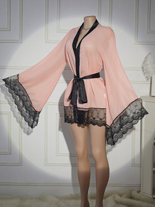Zacht satijnen kimono badjas met contrasterende zwarte bies, kantzoom, wijde mouwen, zijdezachte loungewear, dames pyjamaset - Product Image 4