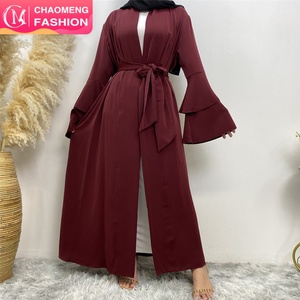 1930# High Quality Burgundy Open Abaya With Side Pockets 2 Layered Sleeve Dubai Abayas <b>Cardigan</b> for Muslim Women - Product Image 1