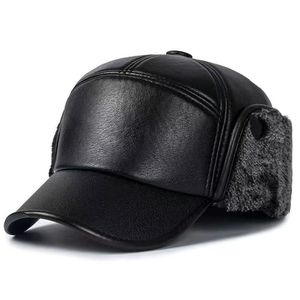 <b>Men's</b> <b>Winter</b> Leather Baseball Cap Fleece Lined Warm Windproof Ear Protection <b>Hat</b> For Middle Aged And Elderly <b>Men</b> - Product Image 2