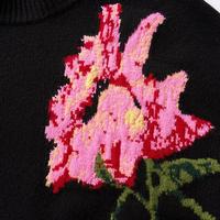Suéter de Punto Intarsia Floral Artístico de Lana 100% Pura para Mujer, Cuello Redondo, Estilo Minimalista, Color Negro