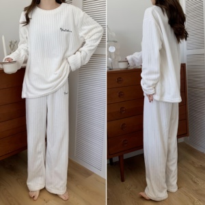 Ensemble de vêtements de nuit pour femmes, automne-hiver, manches longues, col rond, pull + pantalon large à jambes longues, <span class=keywords><strong>pyjama</strong></span> en <span class=keywords><strong>polaire</strong></span> <span class=keywords><strong>d</strong></span>écontracté pour <span class=keywords><strong>femme</strong></span> - Product Image 5