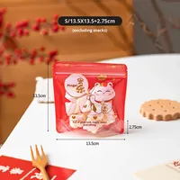 Sac cadeau en PET de qualité alimentaire auto-scellant avec fermeture éclair, motif Chat de la Richesse et Flocon de Neige, pour le Nouvel An, pour gelée, nougat, gâteau, bonbons, biscuits