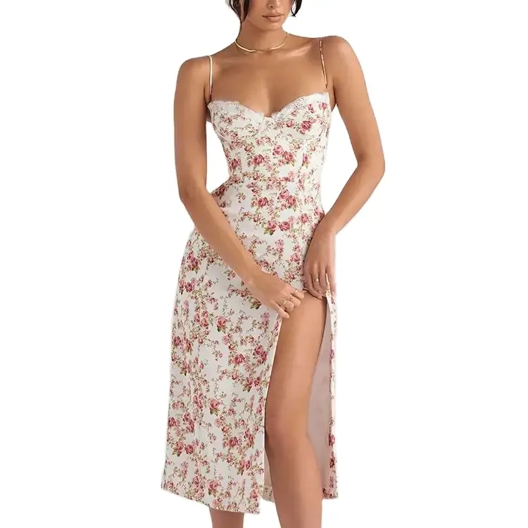 Gaun pesta untuk remaja Wanita Mode gaun cetak bunga gaun Midi Halter ketat pinggul punggung terbuka seksi belahan liburan wanita