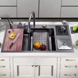 Évier de cuisine Feiyu en acier inoxydable avec réservoir d'eau intégré, épaisseur 3 mm, cuve simple, avec poubelle et lave-tasses - Product Image 1