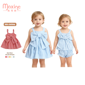 Maxine Abbigliamento Estivo per Bambini, Completo Due Pezzi Casual a Maniche Lunghe, Outfit Carino per Ragazze con Grande Fiocco in Seersucker - Product Image 1
