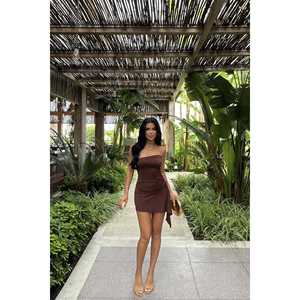 Brown Vintage Strapless Mini <b>Dress</b> <b>Sexy</b> <b>Summer</b> Clothes Lace XS XL Jean Spandex Embroidered Technique Lightweight Lining - Product Image 5