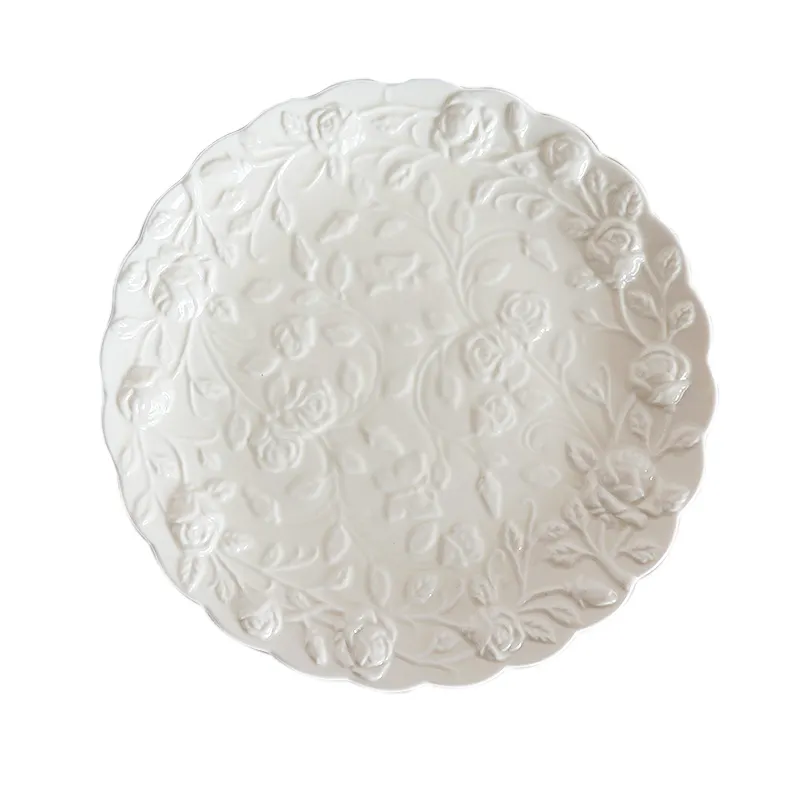 Fantezi fildişi beyaz seramik yemek tabağı kabartmalı gül taş porselen yemek seti mutfak için ziyafet