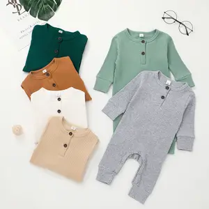 Long Sleeve Unisex Newborn Baby Premium Toddler Clothes Solid Color Baby Button Girls Bodysuit Plain Ribbed Baby Romper