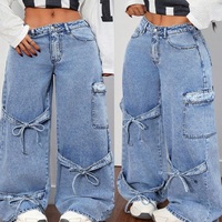 Jeans cargo pour femmes en gros, coupe baggy, taille haute, multi-poches, jambe large, en denim