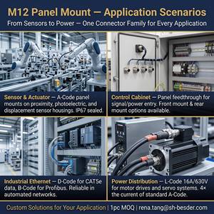 Connecteur M12 à montage sur panneau, <span class=keywords><strong>code</strong></span> A B D L, 3/4/5/6/8/12/17 pôles, mâle/femelle, IP67, montage avant/arrière, contact en or, IEC 61076-2-101 - Product Image 6