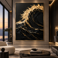 Peinture sur toile texturée 3D Vague Océanique Or Noir, Art Mural de Luxe Paysage Marin pour Hôtel, Villa, Bureau, Décoration de Salon